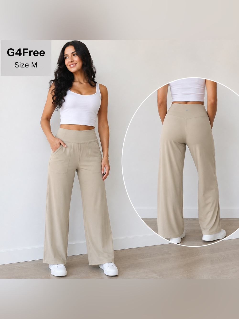 G4Free Women’s Beige Wide Leg Yoga Pants Size M Athleisure sportswear comfort